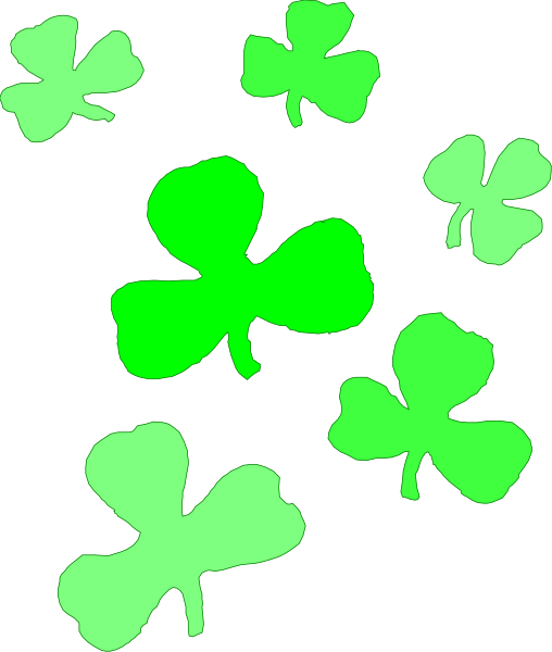 The image shows a collection of green four leaf clover shapes against a black background with white shamrocks scattered around them in various sizes.