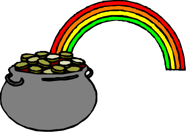 The picture shows two pots of gold with rainbows above them on a black background.