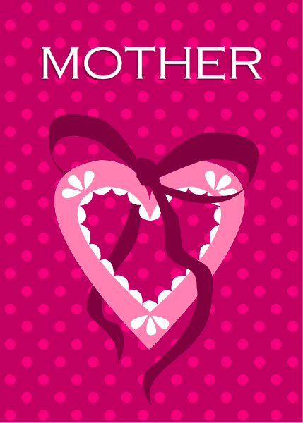 The image features a pink background with white polka dots on top of which there is an illustration that includes text "MOTHER" in large black letters at the bottom center part of the picture; above this, centered and slightly larger than average size compared to other elements within it, are two overlapping hearts. The heart on the left has a white outline with pink filling inside its shape while the one on top is outlined by an intricate design resembling lips or teeth in black coloring against a lighter background that appears as if made of tissue paper; this second heart also contains