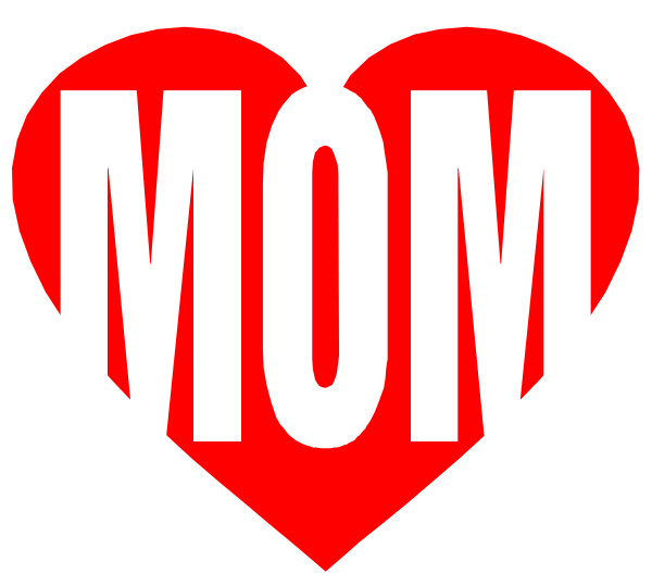 The image features a graphic with text that reads "Mom" inside two red heart shapes on either side of each other against a white background.
