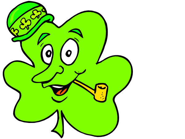 The image shows two cartoon shamrocks with a surprised expression; each has four leaves: three green ones on top of one yellow leaf in the center.