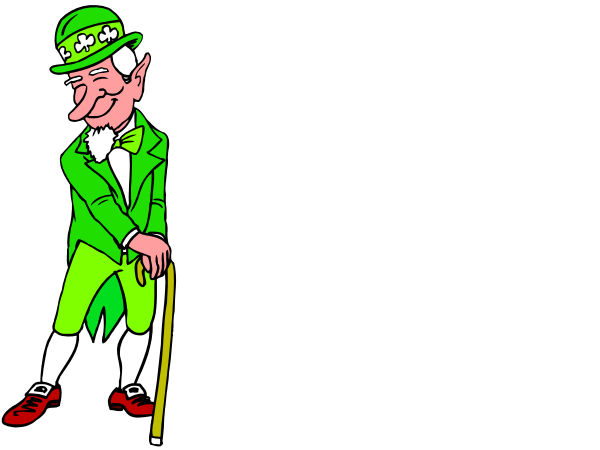 The black and white cartoon shows a man dressed as St Patrick's Day with his hands on hips standing next to another figure who is also in costume but only their legs can be seen from behind; both figures appear against an empty background, suggesting that this might have been used for coloring or similar activities.