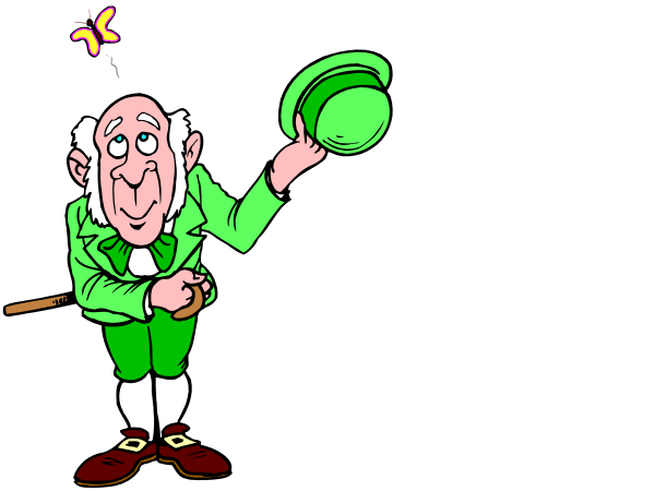 The cartoon shows a man dressed as St Patrick's Day with his hand on hip holding a shamrock hat in one hand while pointing to another figure who is also wearing green attire but appears confused, standing next to an object that looks like a pot of gold at its base and has two handles.