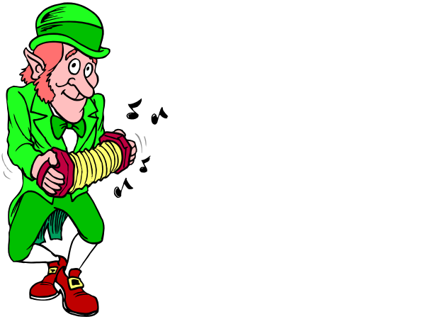 The cartoon shows two leprechauns playing a game of darts; both characters have green hats with red shoes, one is holding an axe while throwing it at another who has his back turned to him in front of a dark background.