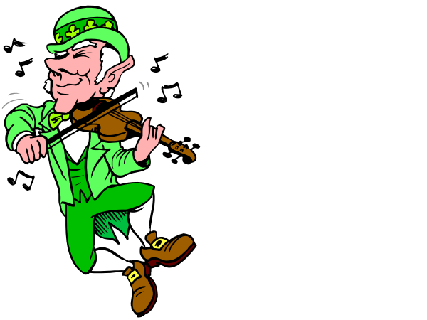 The black and white cartoon shows two leprechauns playing a fiddle; both wear green hats with shamrocks on them, one is holding an instrument while dancing in front of another who appears to be singing along.