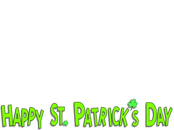 The image shows a graphic with text that reads "Happy St Patrick's Day" at top right corner against green background; below it is an illustration of shamrocks in various sizes on left side, and to its right there appears to be a small figure resembling the Grinch from Dr. Seuss books standing next to a text that says "St Paddy's day Hour" with a heart shape above his head; below this is another line of green shamrocks in different sizes on bottom left, and beneath them there are two lines of white d