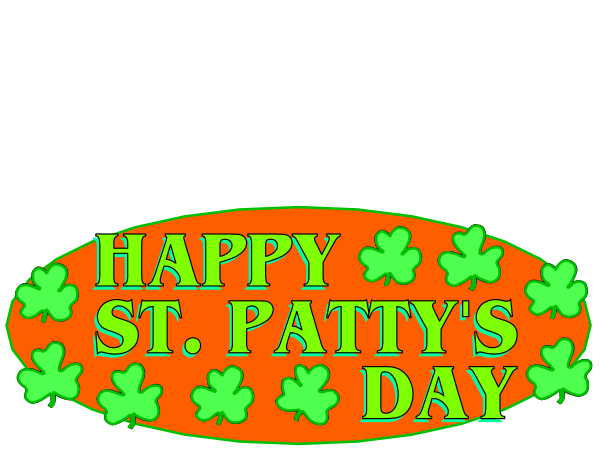 The image shows a digital greeting card with an orange background featuring shamrocks on both sides of text that reads "Happy St Patrick's Day" in green letters at top center.