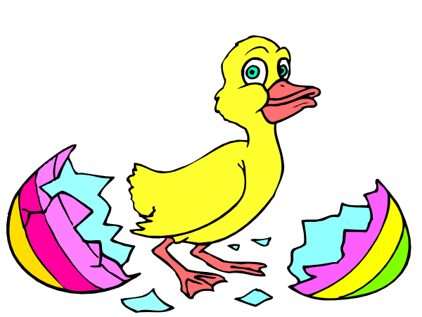 The image shows a cartoon duck with an Easter theme; it's standing on top of three colorful eggs that resemble baskets filled with candy.