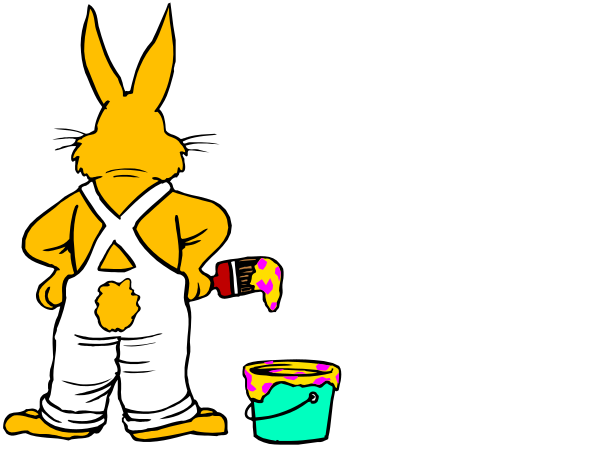 The cartoon shows Bugs Bunny standing next to a bucket of paint with his back turned towards it while holding a brush in one hand; he is wearing overalls and has carrots on top of them, along with an apron that reads "Painter."