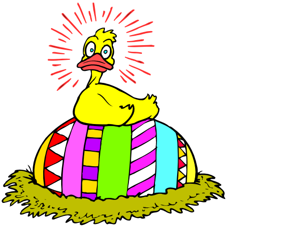 The image shows two cartoon ducks sitting on a nest with colorful eggs around them against a black background.