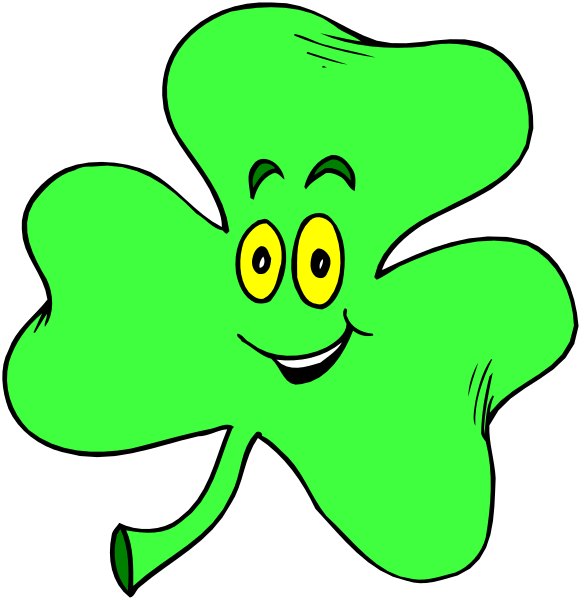 The image shows a cartoon of two shamrocks with faces; each has yellow eyes and is smiling broadly while standing upright on their stems against a black background.