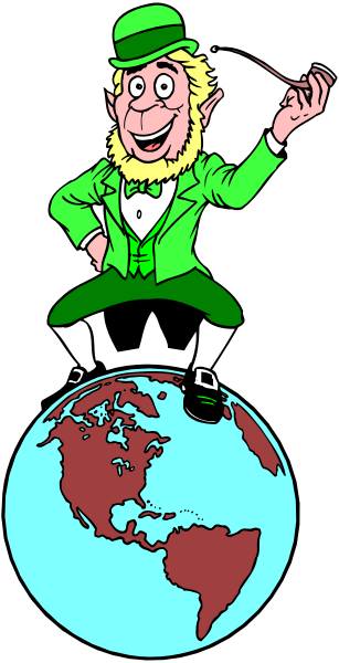 The image features a cartoon of an Irish leprechaun standing on top of a globe with his hands outstretched as if he's balancing it.