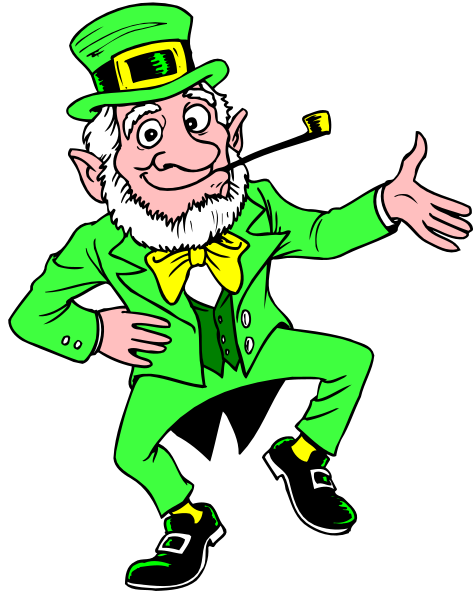 The cartoon depicts a caricature of an older man dressed as St Patrick's Day attire with his arms outstretched in front of him against a black background.