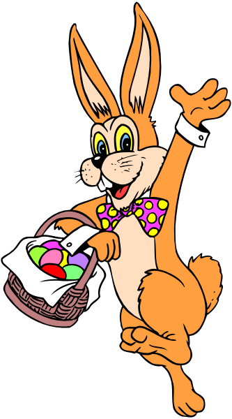 The cartoon depicts a rabbit character holding an Easter basket with eggs inside it while standing on its hind legs against a white background.