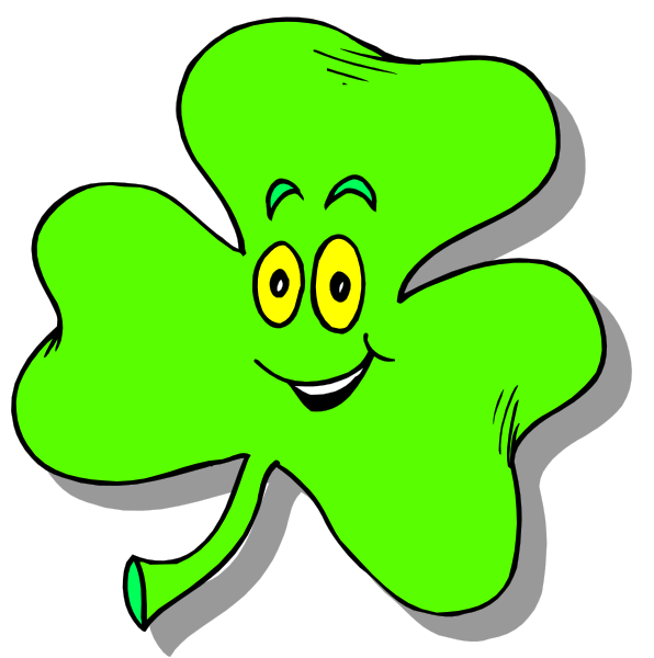 The image shows two identical St Patrick's Day themed clover designs with a cartoonish appearance; each has four petals in shades of green and yellow, featuring eyes on one side that appear to be smiling at different angles due to perspective distortion.