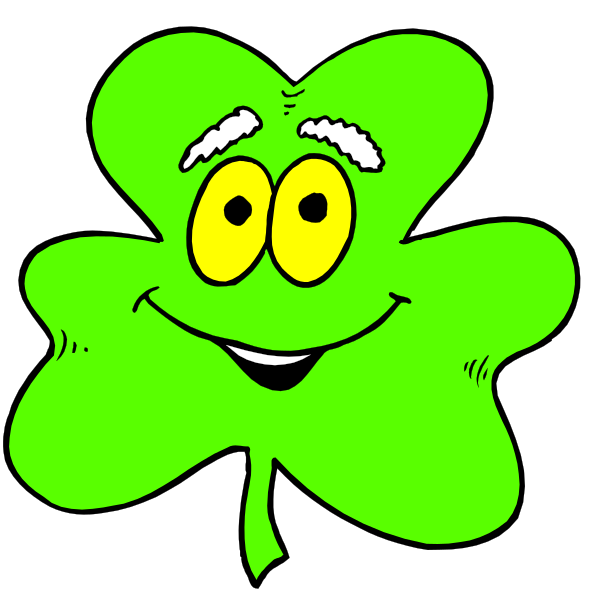 The image shows two shamrocks with a cartoon face on each; both have white hair and mustaches drawn in an exaggerated manner to resemble eyebrows above their eyes.