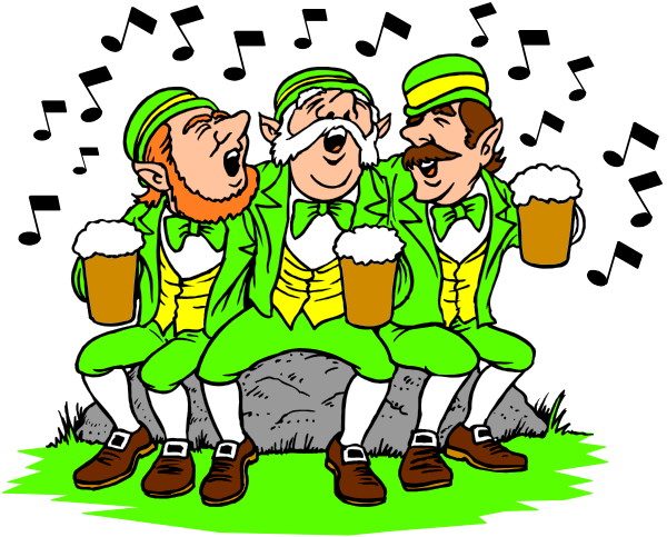 The cartoon depicts three men dressed as leprechauns sitting together on a rock with beers raised to their mouths; one of them is speaking while another looks surprised at him.