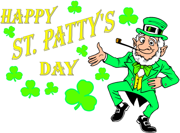 The image features a cartoon leprechaun celebrating St Patrick's Day with text that reads "Happy Saint Patricks day" in an Irish font on top of shamrocks against a green background, and below it is another line saying "St patrick's day."