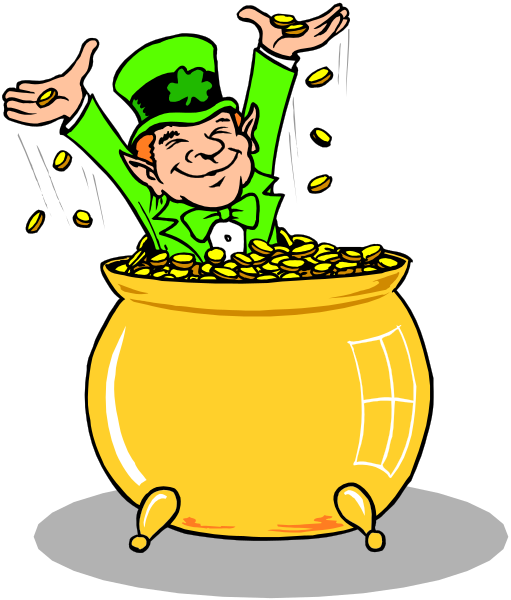 The cartoon depicts a leprechaun with gold coins spilling out of his hat into an overflowing pot labeled "Pot o' Gold."