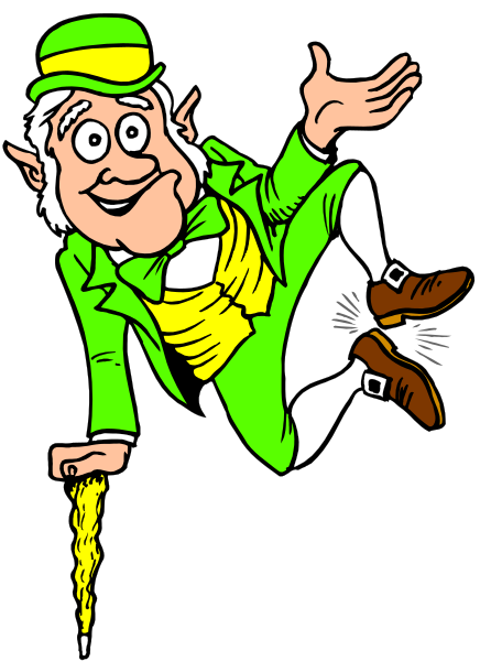 The cartoon depicts a leprechaun character with green attire standing on top of an umbrella while holding it open in his hand.