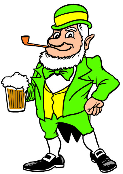 The cartoon depicts a leprechaun holding two beers while standing on top of a bar stool with his hands in pockets.