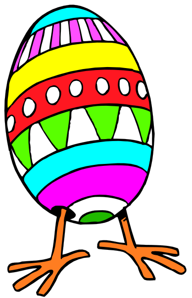 The image shows a colorful Easter egg with eyes on it standing upright against a black background.
