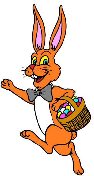 The cartoon depicts a rabbit holding an Easter basket with eggs inside while standing on its hind legs against a black background.