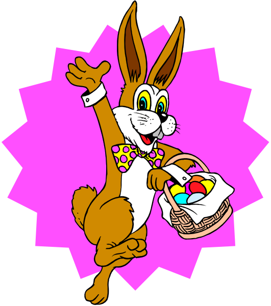 The cartoon depicts a rabbit dressed as an Easter bunny holding a basket of eggs with its paws while standing on two legs in front of pink stars that resemble confetti.