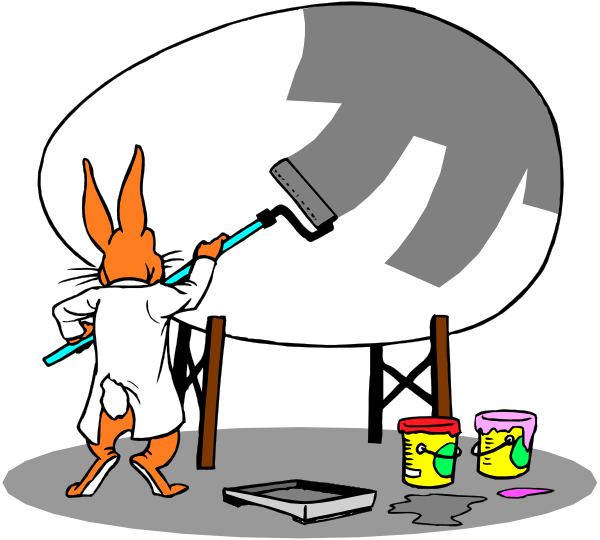 The cartoon shows a rabbit standing next to an easel with paint cans on it; another figure is holding up what appears to be a hammer over their head in front of them.