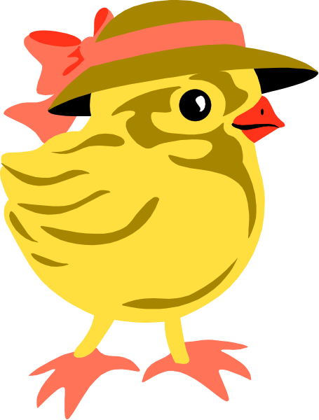 The image shows a cartoon yellow chicken wearing an oversized straw hat with red flowers on it, standing upright against a plain background.
