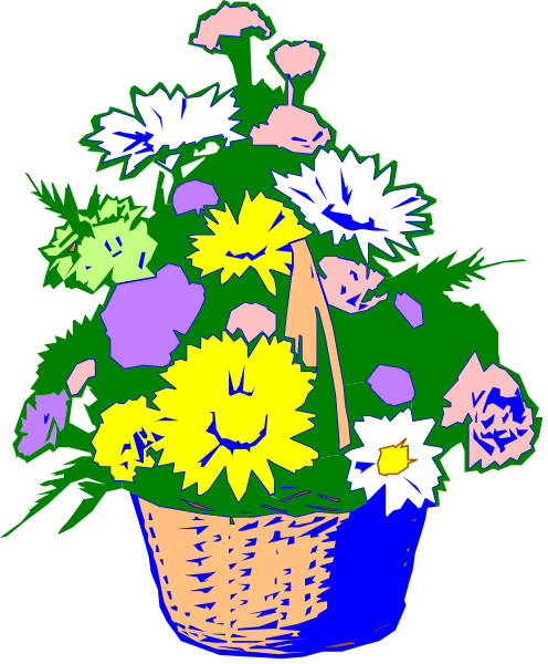 The image shows a bouquet of colorful flowers arranged inside an open blue vase with visible stems on top against a dark background.