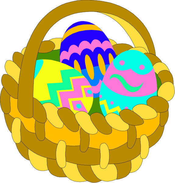 The image shows a colorful Easter basket filled with variously colored eggs placed on top of each other inside it; there is no visible text in this clip-art illustration.