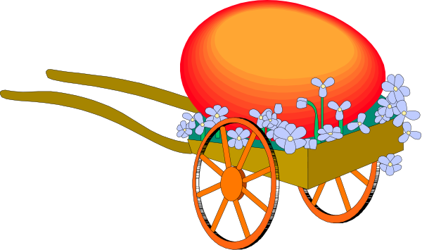 The image shows a cart with flowers on top being pulled by an unseen entity through what appears to be sunset scenery in front of it.