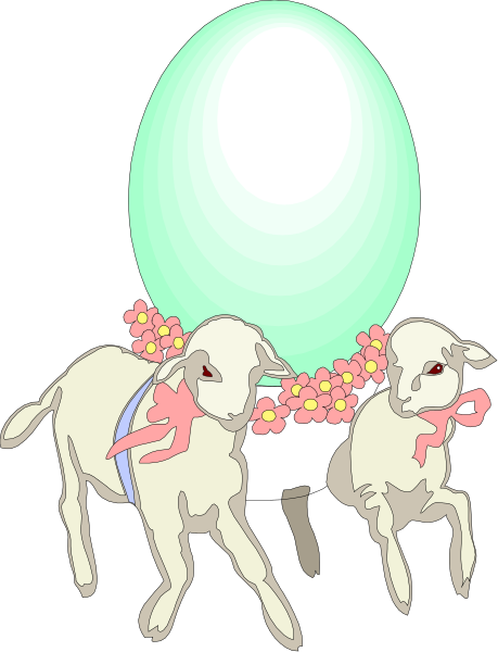 The image shows two sheep standing next to each other with a large egg between them; both have flowers on their heads as decoration.