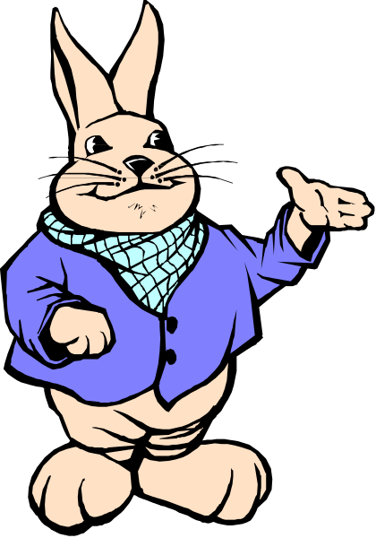 The image features a cartoon rabbit dressed as an old man with his hands outstretched on either side of him in front of what appears to be a black background.