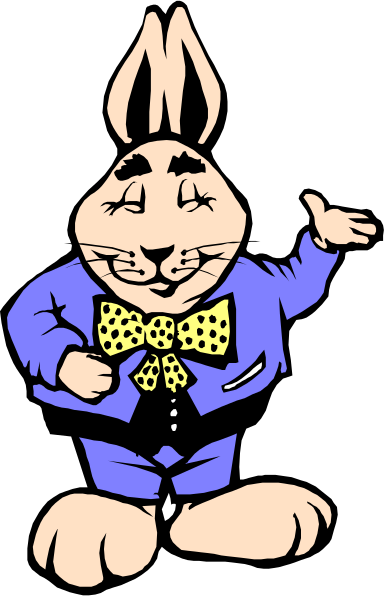 The image shows a cartoon of an anthropomorphic rabbit dressed as a businessman with his hands on hips, wearing a suit jacket over a shirt adorned with polka dots, bow tie, and pants striped in blue and yellow.