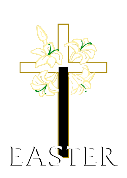 The image shows a cross with flowers on either side of it against an Easter theme background.