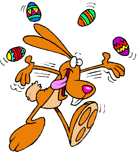 The cartoon depicts a rabbit character with an exaggeratedly happy expression holding three Easter eggs while running through what appears to be a dark background.