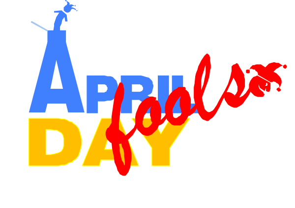 The image shows a graphic with text that reads "April Fool's Day" at the top right corner of an oval shape in blue font on a white background within another rectangle border. Below this, there is additional smaller red and yellow text overlaying what appears to be clip-art images: two cartoon figures resembling people with exaggerated facial expressions; one figure has its hand raised as if waving or signaling while the other seems surprised or shocked by something offscreen. The style of image suggests it may have been created for a humorous purpose, possibly related