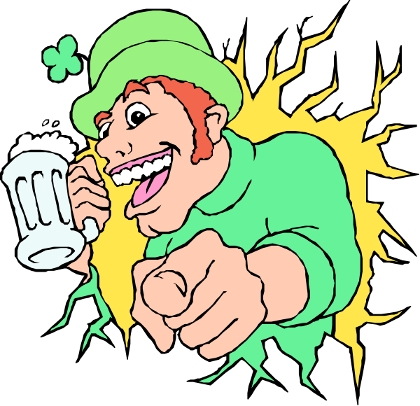 The image shows a cartoon of an animated character dressed as St Patrick's Day with green attire holding two mugs filled with beer; one in each hand while pointing towards something off-screen to his right, and another similar figure on the left side also celebrating but without any text or action.