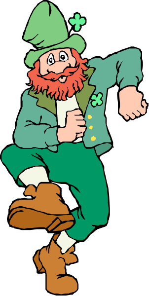 The cartoon depicts a leprechaun with red hair wearing green clothing standing on his right leg while holding onto something in front of him; he is smiling broadly at an unseen audience.