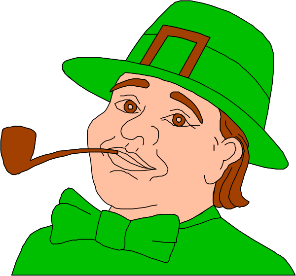 The image shows a cartoon of an animated character dressed as St Patrick's Day with green attire, wearing a leprechaun hat, holding two pipes in his hands while smoking one pipe himself, and has facial hair on chin and mustache.