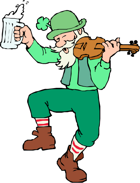 The cartoon depicts a leprechaun playing an instrument while holding two beers; he is wearing green clothing with red socks and has a beard.