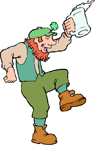The cartoon depicts a man dressed as an Irish leprechaun holding two mugs of beer while standing on his toes with one leg raised in excitement.