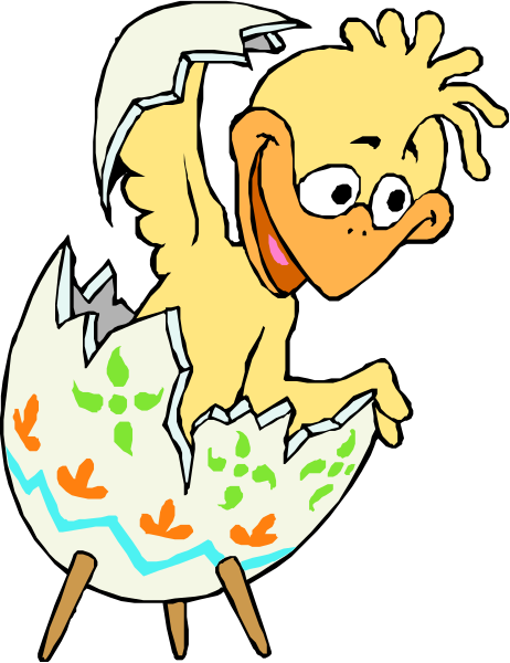 The cartoon depicts a duck with an egg cracked open on its back standing upright next to another whole uncracked egg in front of it.