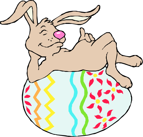 The image features a cartoon rabbit sitting inside an Easter egg with colorful stripes on its side, smiling at something off-frame while lying down in it as if resting comfortably within the hollowed out shell of the decorated egg.