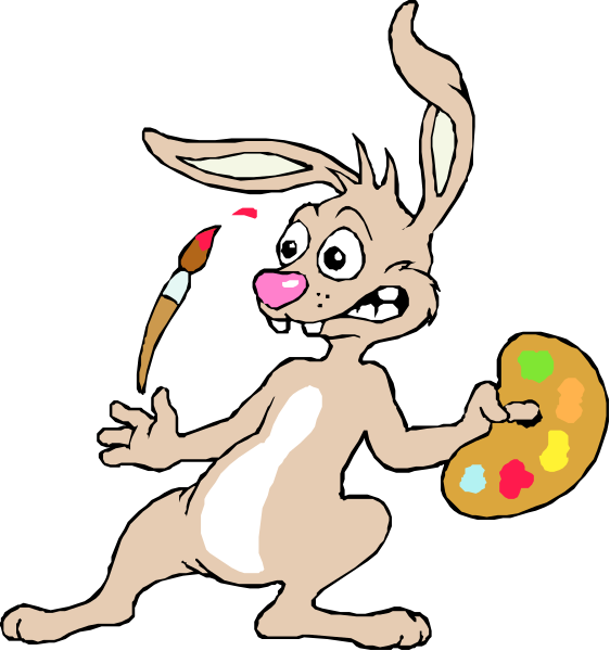 The first frame shows a cartoon rabbit holding an easel with paintbrushes on it; the second frame depicts another bunny character in front of a black background wielding a palette filled with various paints, and both characters have exaggerated facial expressions suggesting surprise or excitement.