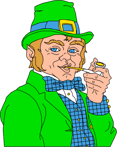 The image shows a cartoon of an animated character dressed as St Patrick's Day with green attire holding a pipe in his mouth against a black background.