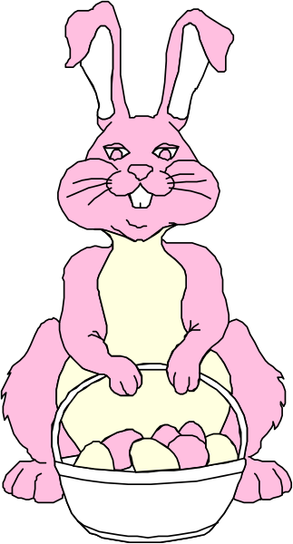 The cartoon depicts a pink bunny sitting inside an Easter basket filled with eggs while holding another egg on its lap.
