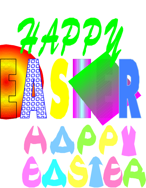 The image shows a colorful Easter greeting with text that reads "Happy EASTER" at top left corner in white letters on blue background; below it is an array of pastel-colored shapes resembling eggs, each containing one letter from the word 'Easter' arranged vertically.